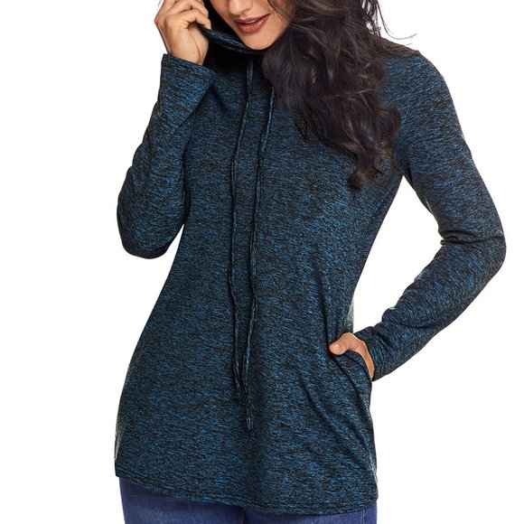 Tops - Heather Blue Cozy Cowl Neck Drawstring Sweatshirt